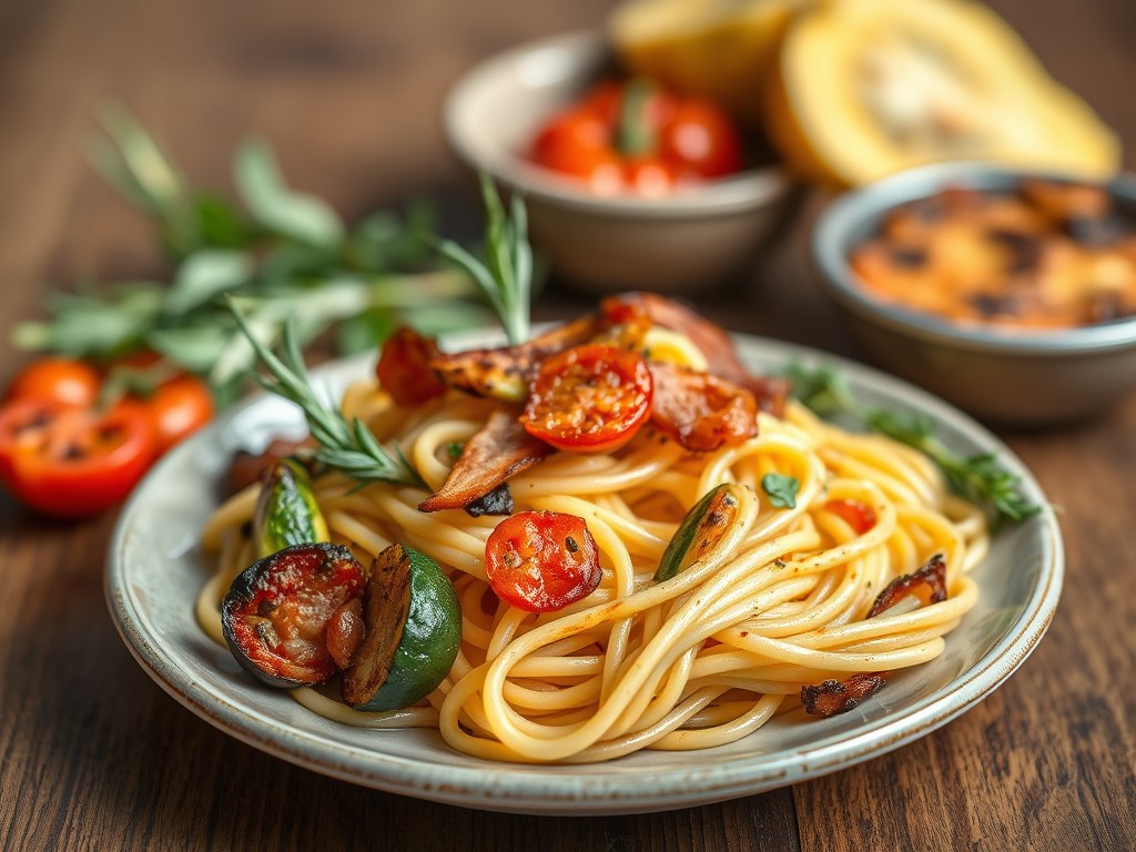 Pasta met gegrilde groenten en spek, AI-gegenereerde illustratie
