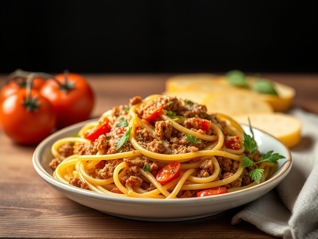 Pasta met gehakt, AI-gegenereerde illustratie
