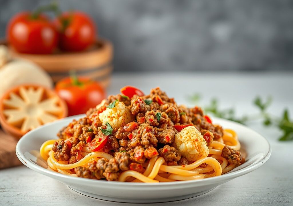 Pasta met gehakt en bloemkool — AI-gegenereerde illustratie