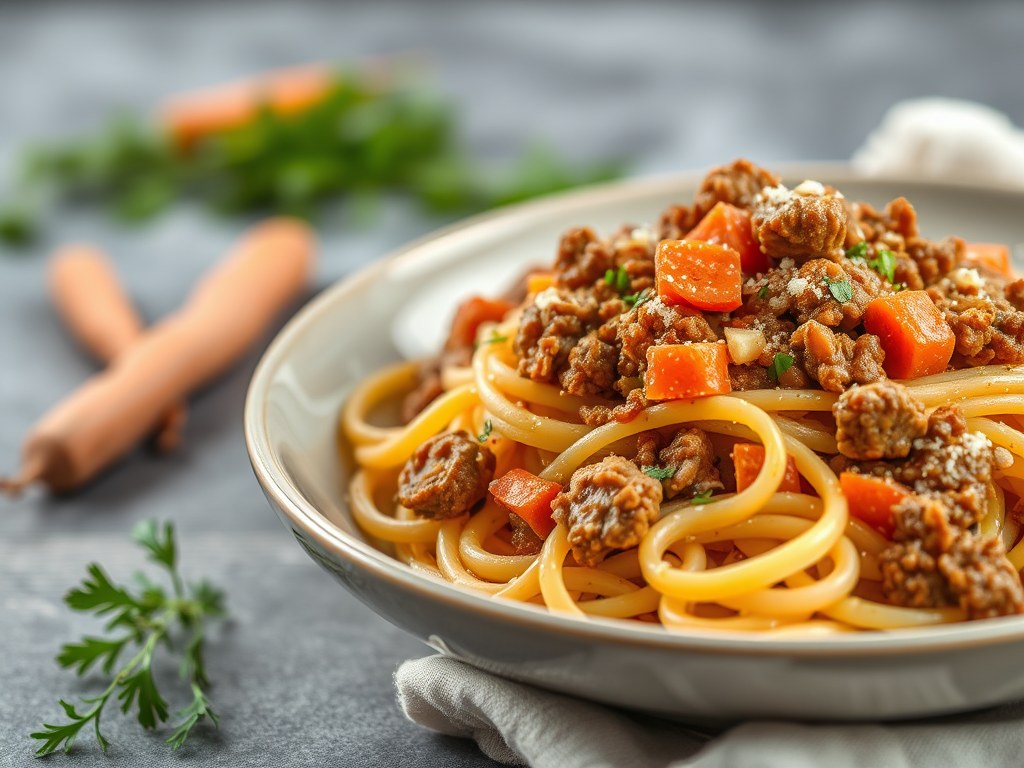Pasta met gehakt en groenten, AI-gegenereerde illustratie