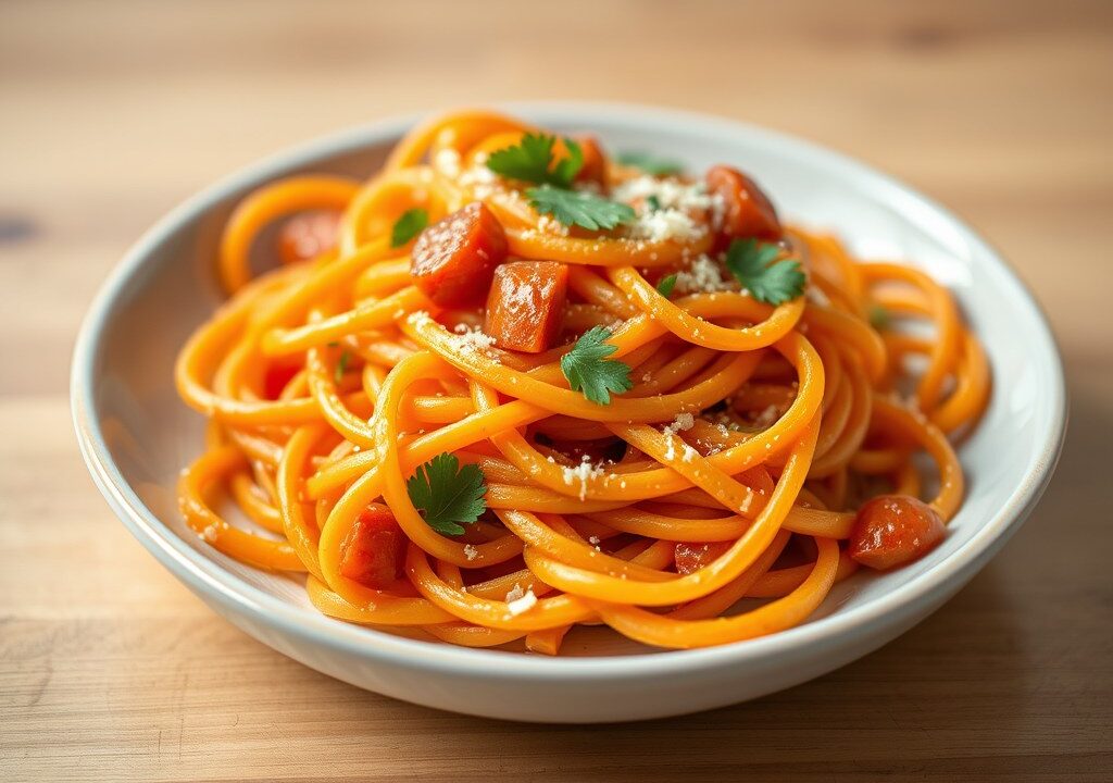 Pasta met gekonfijte wortel, rozijnen, kappertjes en pijnboompitten — AI-gegenereerde illustratie
