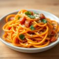 Pasta met gekonfijte wortel, rozijnen, kappertjes en pijnboompitten