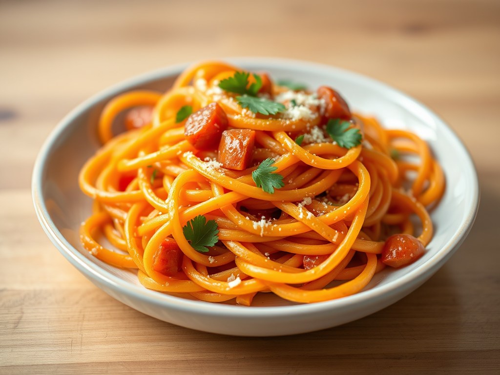 Pasta met gekonfijte wortel, rozijnen, kappertjes en pijnboompitten, AI-gegenereerde illustratie