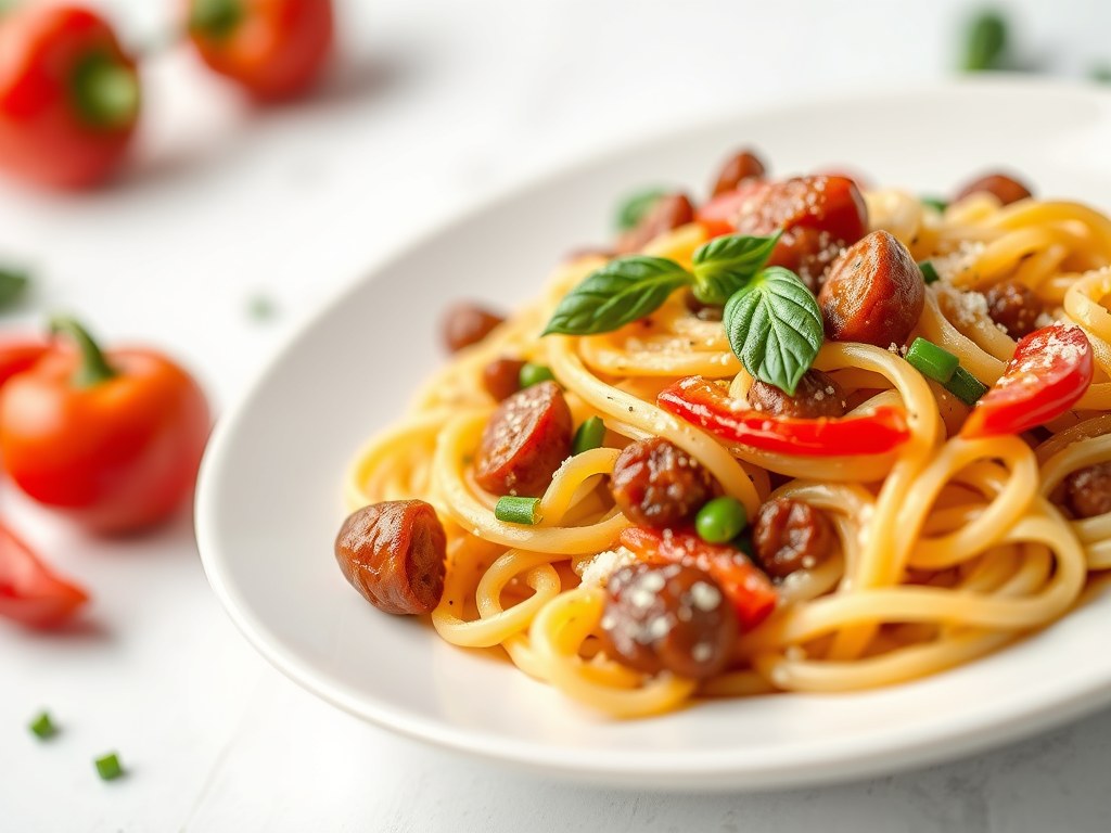 Pasta met Gelderse rookworst en groentjes, AI-gegenereerde illustratie