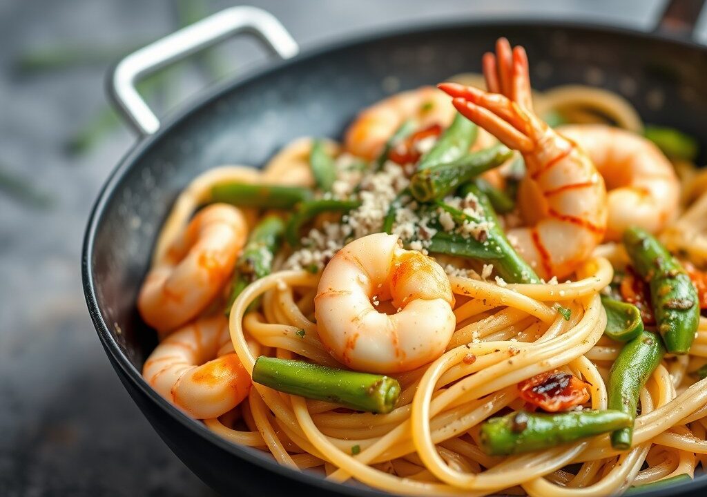 Pasta met groene asperges en scampi — AI-gegenereerde illustratie