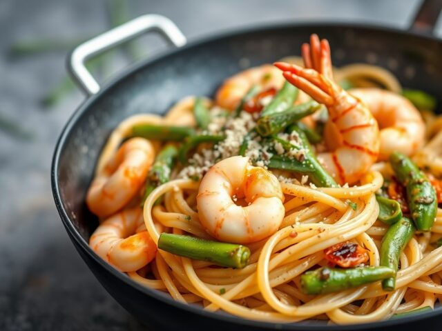 Pasta met groene asperges en scampi — AI-gegenereerde illustratie