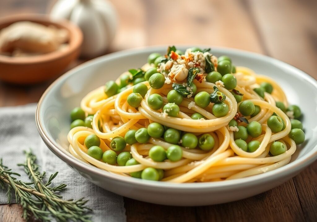 Pasta met Groene Asperges, Lenteuitjes en Erwten — AI-gegenereerde illustratie