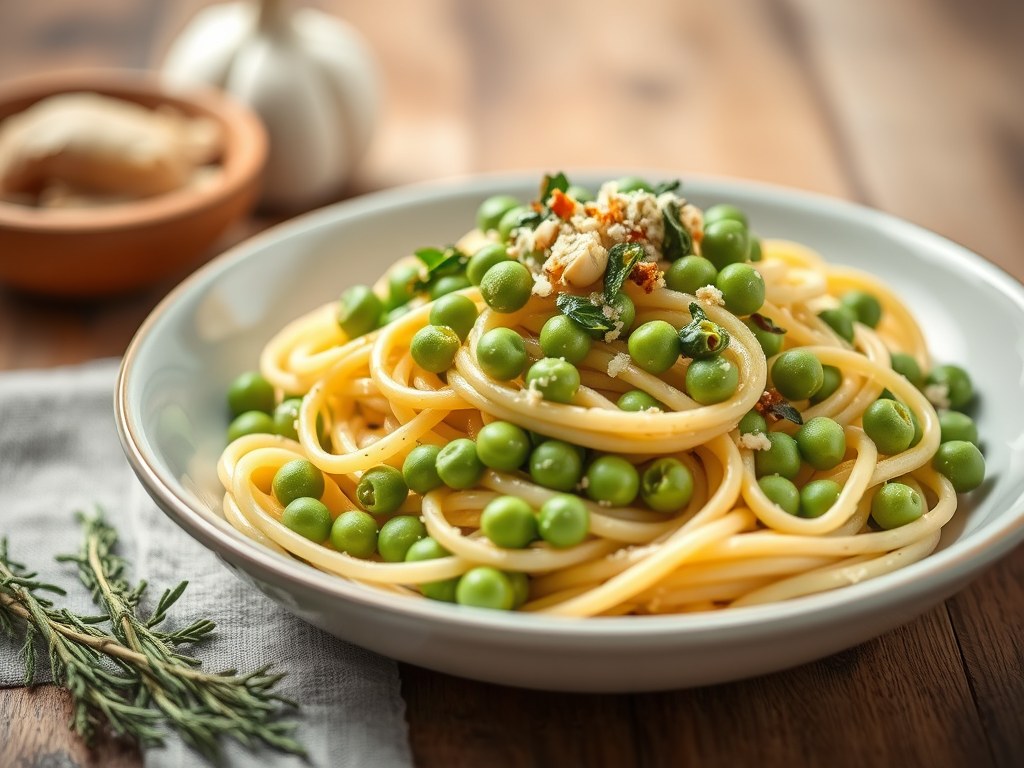 Pasta met Groene Asperges, Lenteuitjes en Erwten, AI-gegenereerde illustratie