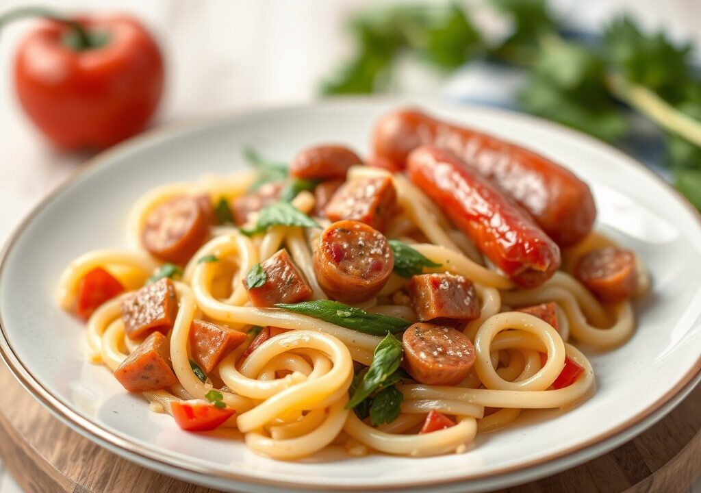 Pasta met groenten stoofschotel en paprikaworst, AI-gegenereerde illustratie
