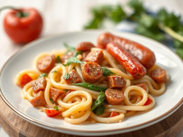 Pasta met groenten stoofschotel en paprikaworst — AI-gegenereerde illustratie