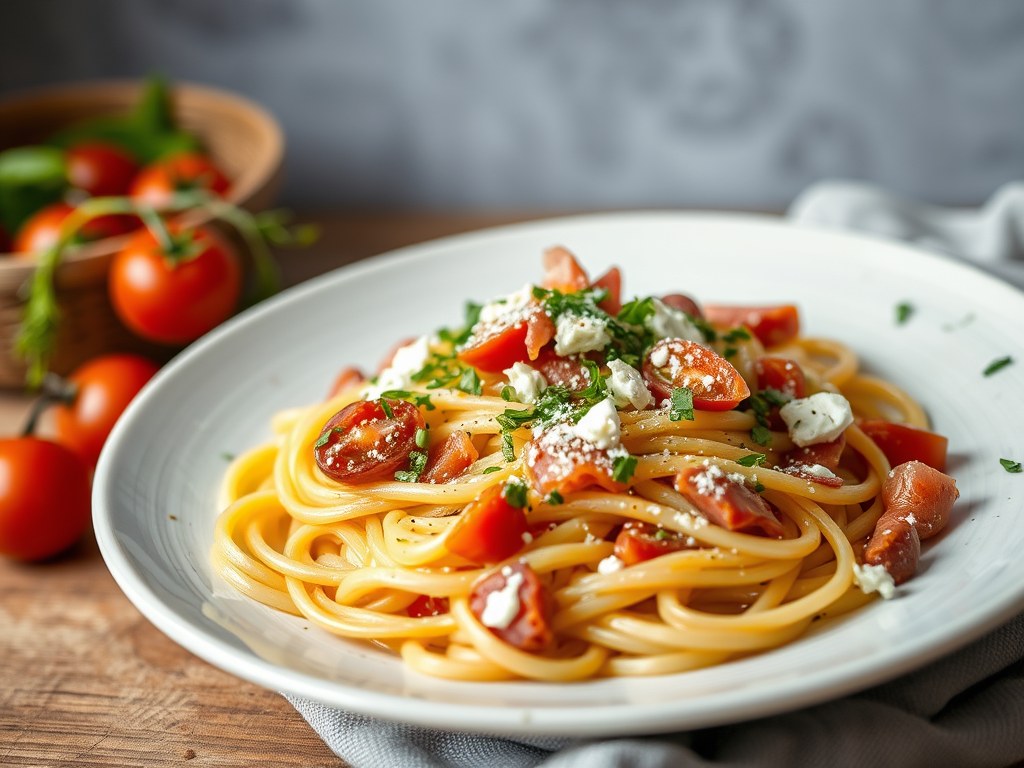 Pasta met ham en groentjes, AI-gegenereerde illustratie