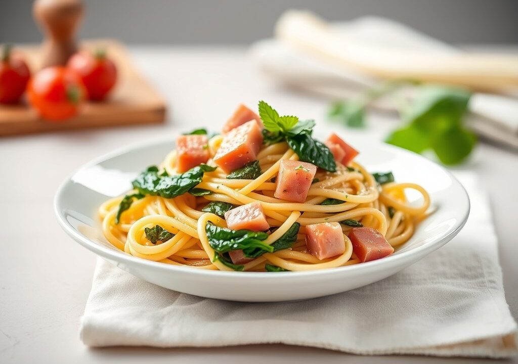 Pasta met ham en spinazie — AI-gegenereerde illustratie