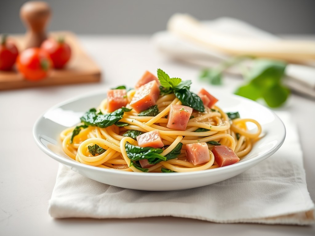 Pasta met ham en spinazie, AI-gegenereerde illustratie
