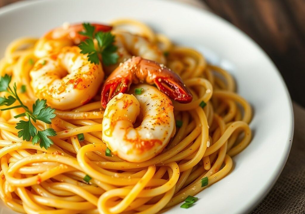 Pasta met in Cajun Gemarineerde Garnalen, AI-gegenereerde illustratie