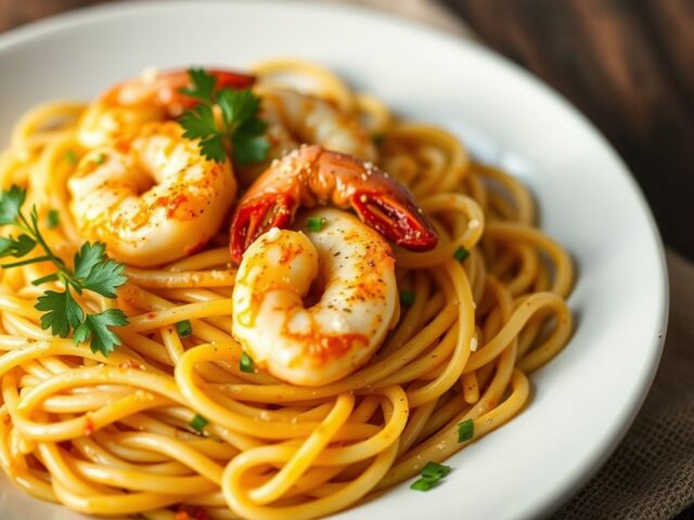 Pasta met in Cajun Gemarineerde Garnalen — AI-gegenereerde illustratie