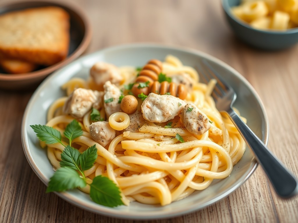 Pasta met kip, AI-gegenereerde illustratie