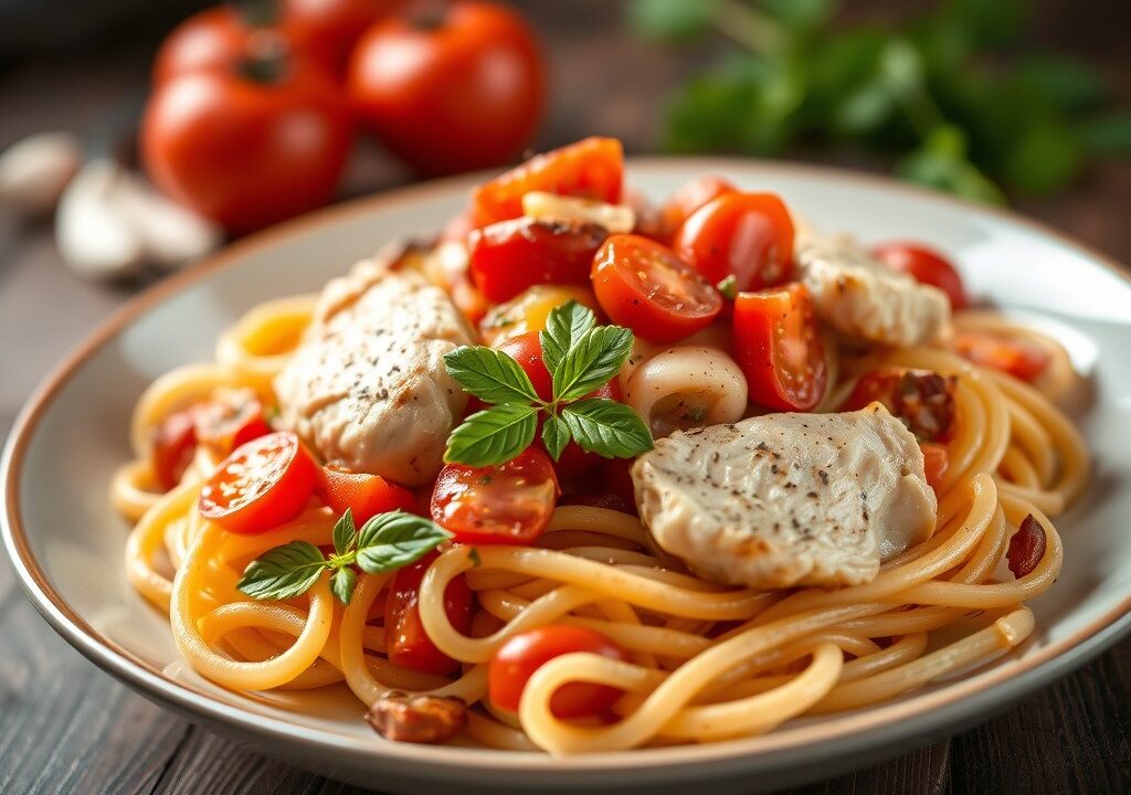 Pasta met kip en tomaten — AI-gegenereerde illustratie