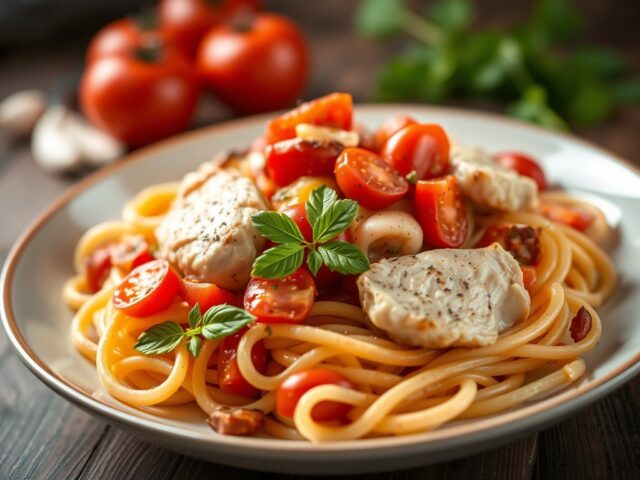 Pasta met kip en tomaten — AI-gegenereerde illustratie