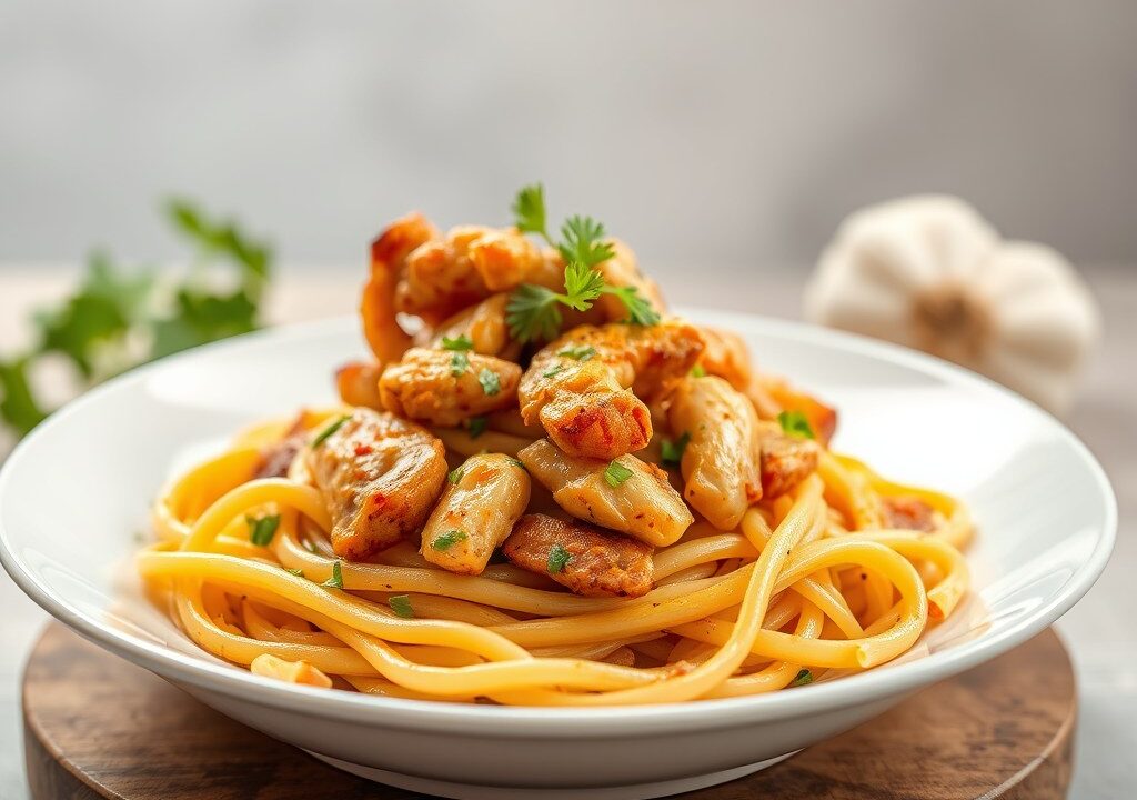 Pasta met kip in dragonsaus — AI-gegenereerde illustratie