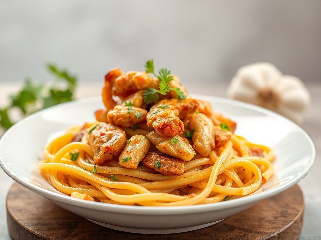 Pasta met kip in dragonsaus, AI-gegenereerde illustratie