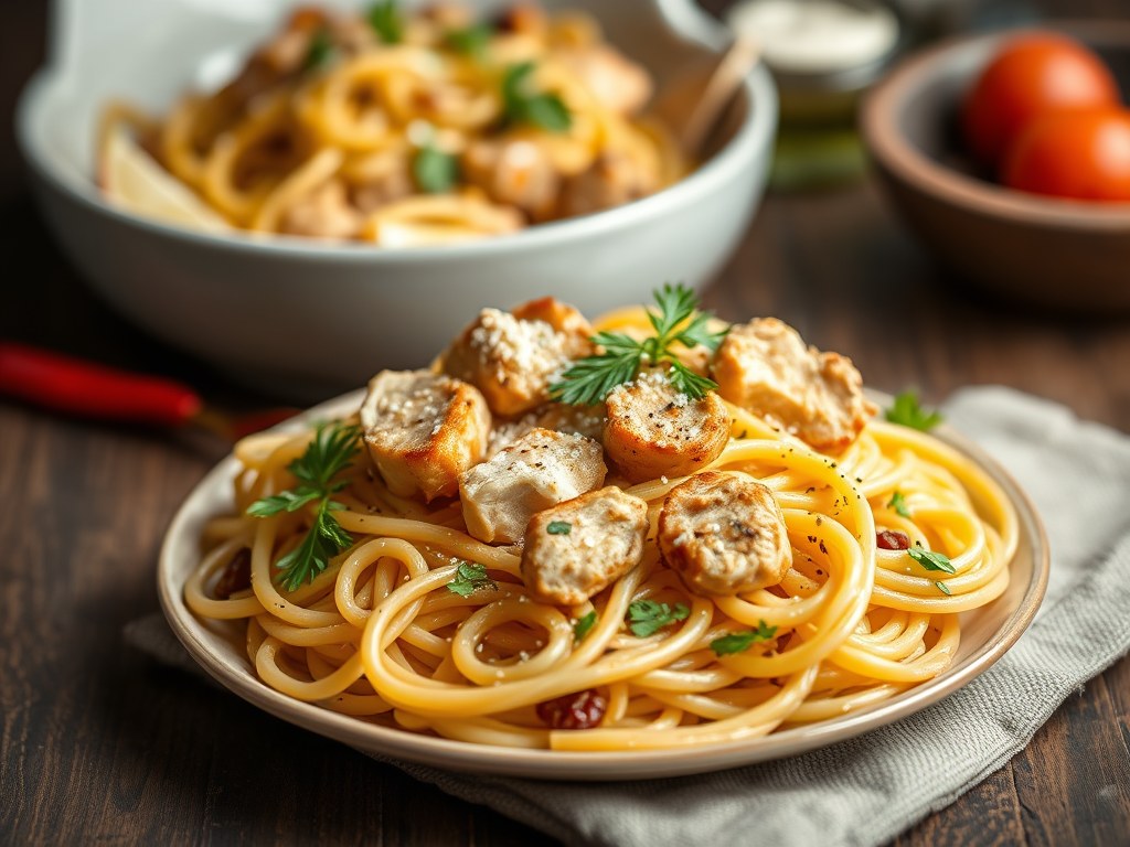 Pasta met Kip uit New Orleans, AI-gegenereerde illustratie