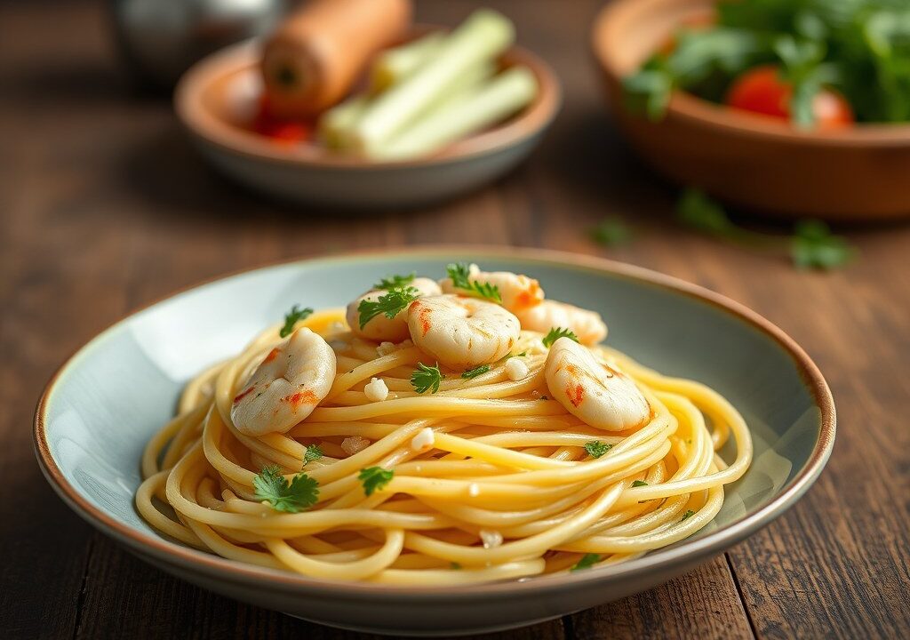 Pasta met krab en lente-ui — AI-gegenereerde illustratie