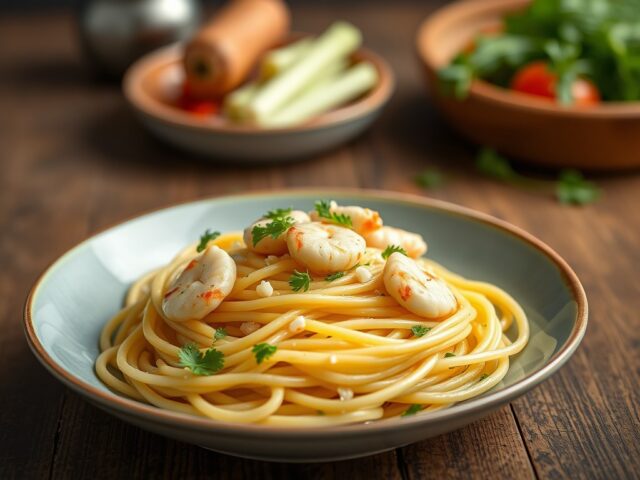 Pasta met krab en lente-ui — AI-gegenereerde illustratie