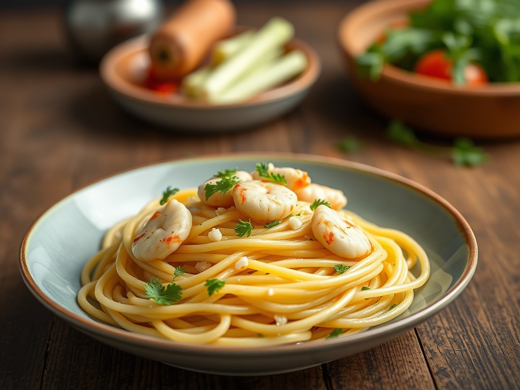 Pasta met krab en lente-ui, AI-gegenereerde illustratie