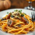 Pasta met paddenstoelen en pompoen, gegaard in bockbier