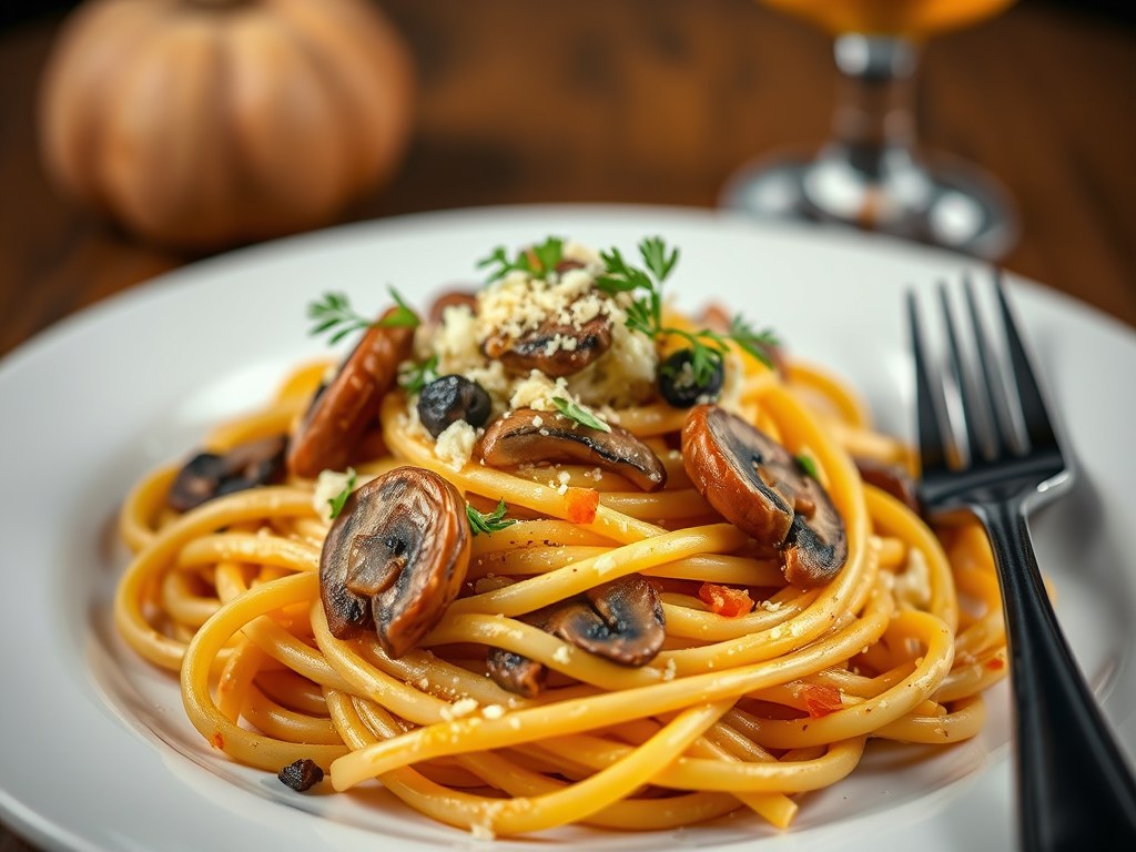 Pasta met paddenstoelen en pompoen, gegaard in bockbier, AI-gegenereerde illustratie