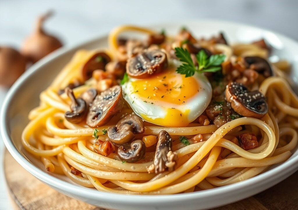 Pasta met Paddestoelen, Salie en Ei, AI-gegenereerde illustratie