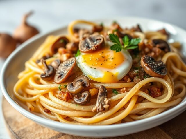 Pasta met Paddestoelen, Salie en Ei — AI-gegenereerde illustratie