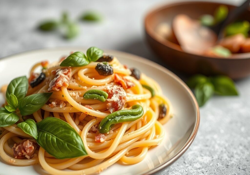 Pasta met pancetta en groene asperges — AI-gegenereerde illustratie