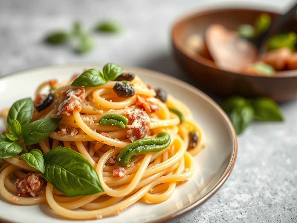 Pasta met pancetta en groene asperges, AI-gegenereerde illustratie
