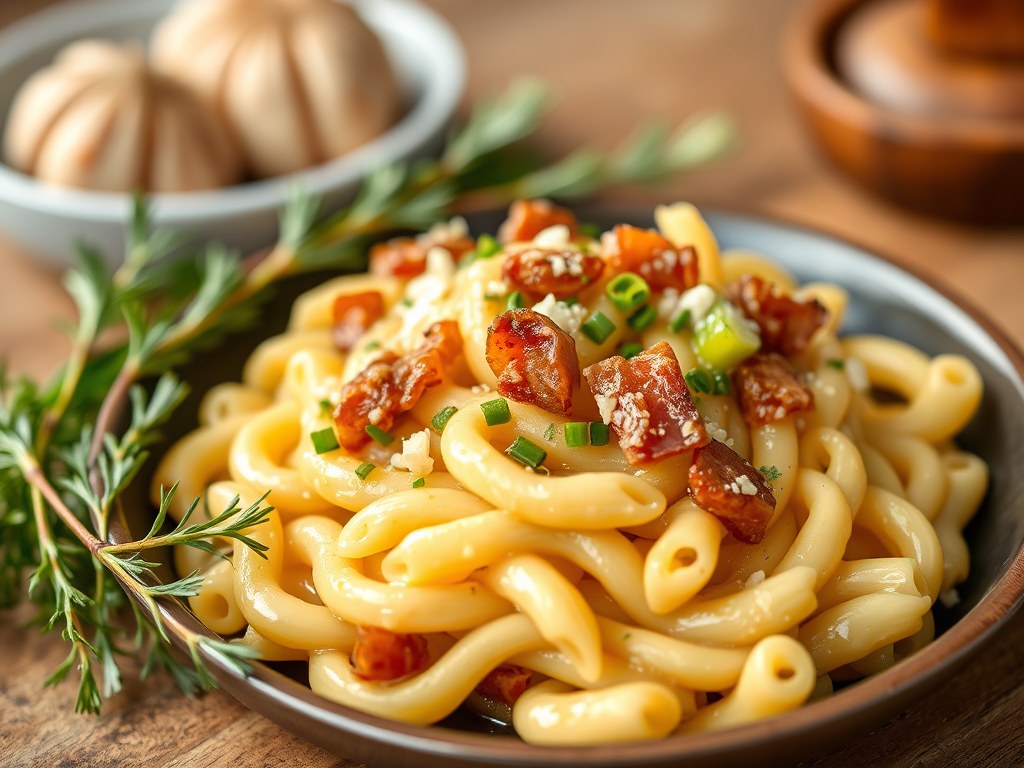 Pasta met preisaus en spekjes, AI-gegenereerde illustratie