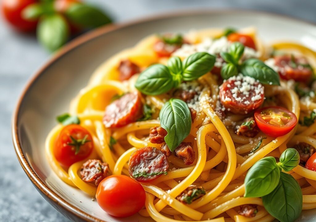 Pasta met salami, kerstomaatjes en tomatenpesto, AI-gegenereerde illustratie