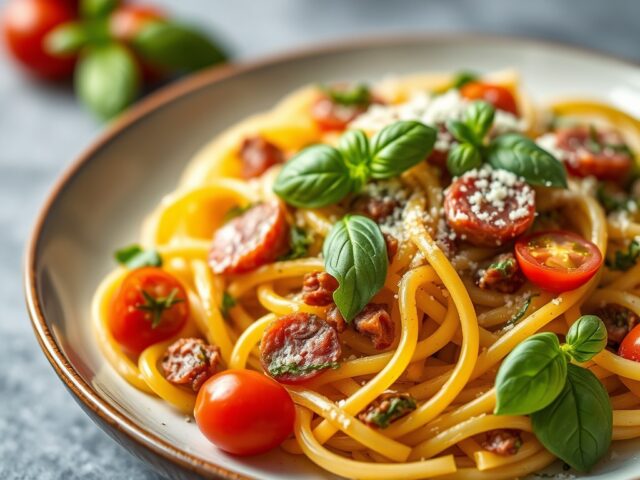 Pasta met salami, kerstomaatjes en tomatenpesto — AI-gegenereerde illustratie