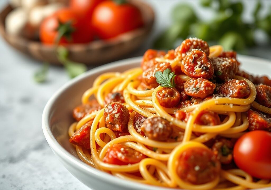 Pasta met Saus van Italiaanse Worst en Tomaten, AI-gegenereerde illustratie