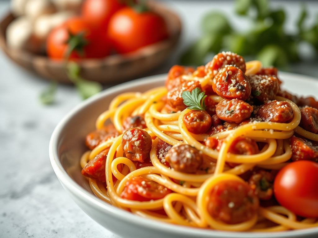 Pasta met Saus van Italiaanse Worst en Tomaten, AI-gegenereerde illustratie