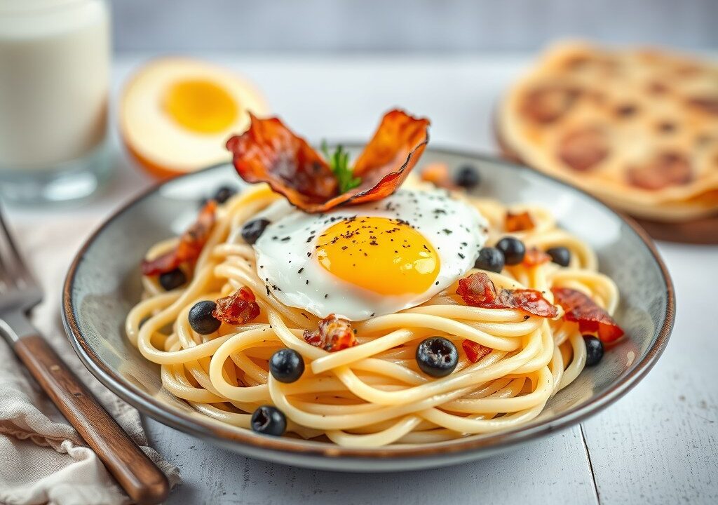 Pasta met spek, ei, zwarte peper en gesmolten kaas, AI-gegenereerde illustratie