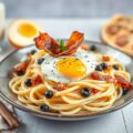 Pasta met spek, ei, zwarte peper en gesmolten kaas