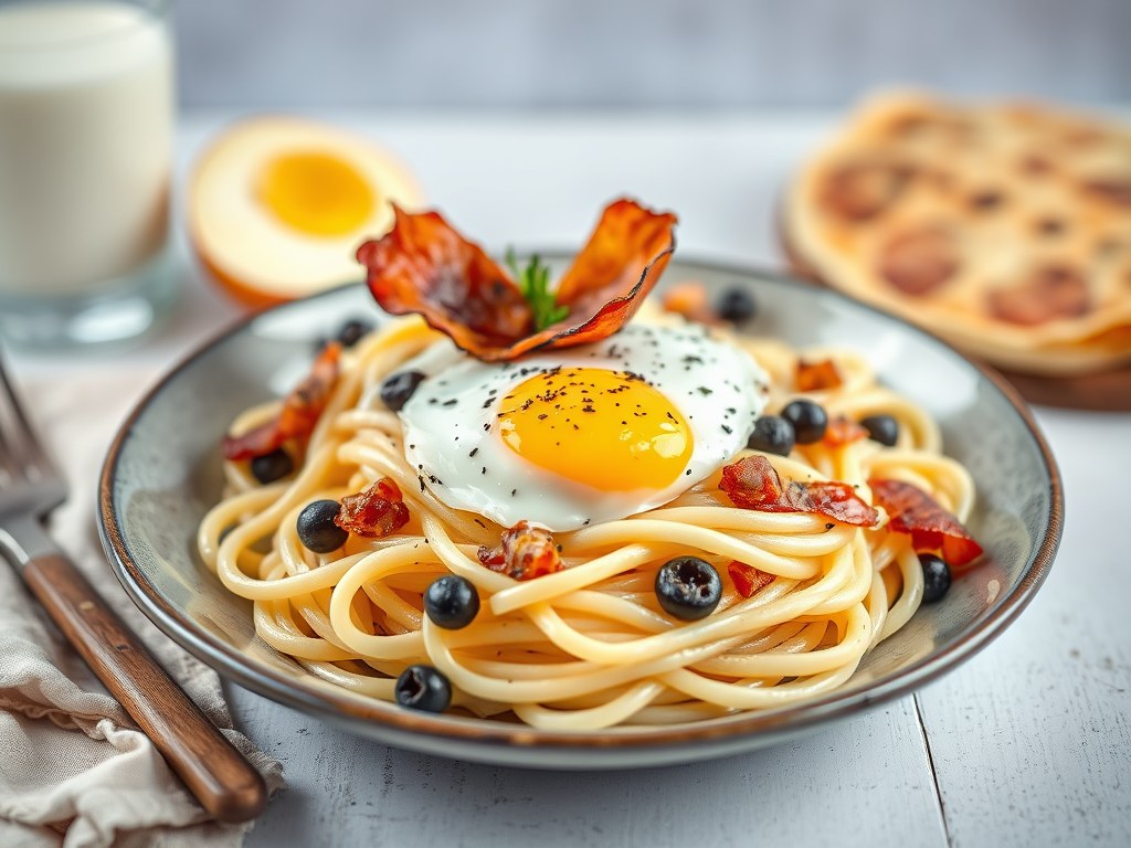 Pasta met spek, ei, zwarte peper en gesmolten kaas, AI-gegenereerde illustratie