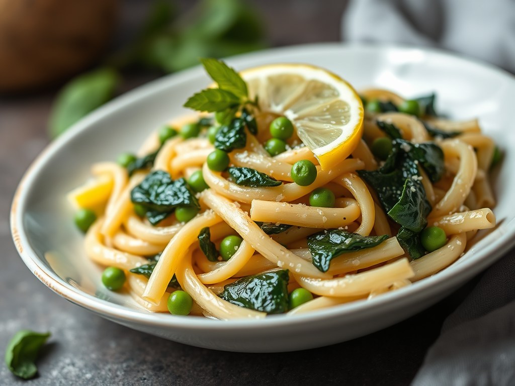 Pasta met Spinazie-Doperwten-Citroen, AI-gegenereerde illustratie