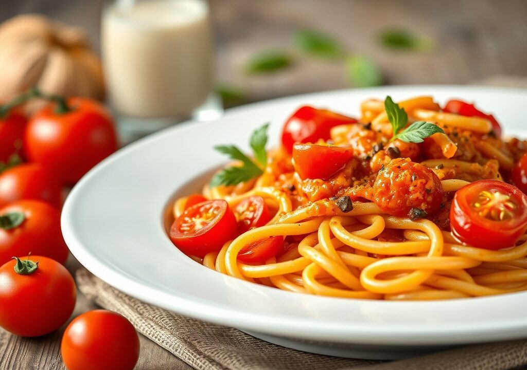 Pasta met tomaten en vissaus — AI-gegenereerde illustratie