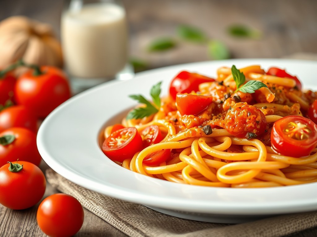 Pasta met tomaten en vissaus, AI-gegenereerde illustratie