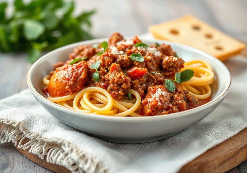 Pasta met tomatensaus en gehakt, AI-gegenereerde illustratie