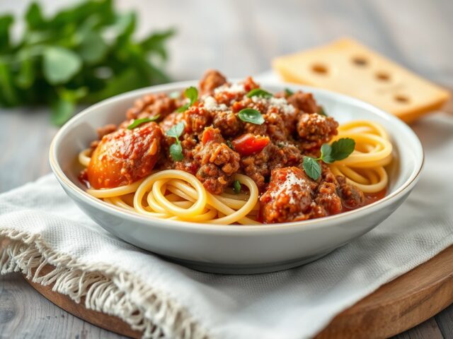 Pasta met tomatensaus en gehakt — AI-gegenereerde illustratie