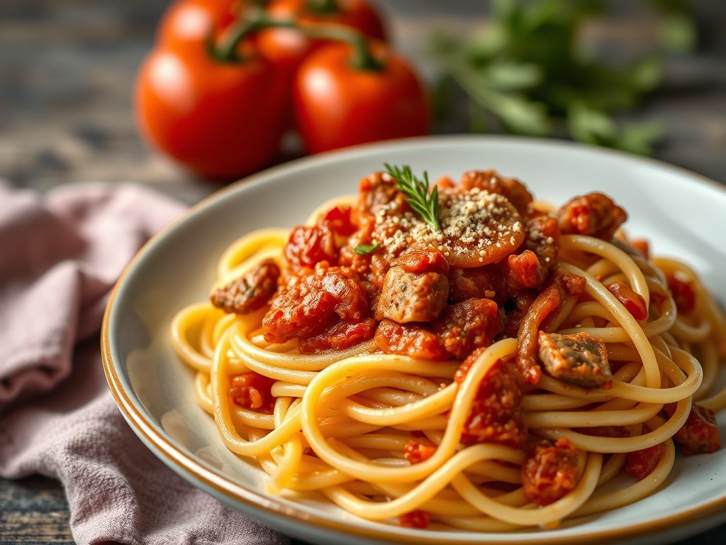 Pasta met Varkens-Ragu uit Calabrie, AI-gegenereerde illustratie