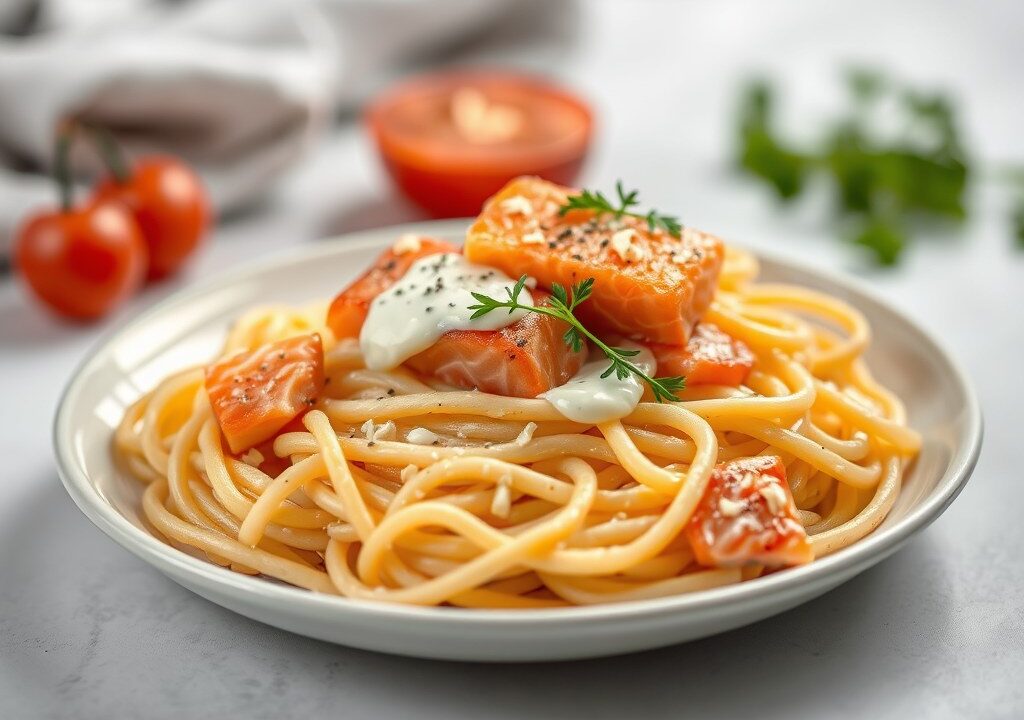 Pasta met verse zalm, AI-gegenereerde illustratie