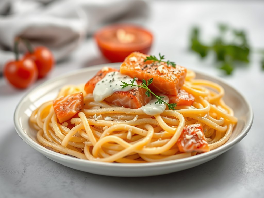 Pasta met verse zalm, AI-gegenereerde illustratie